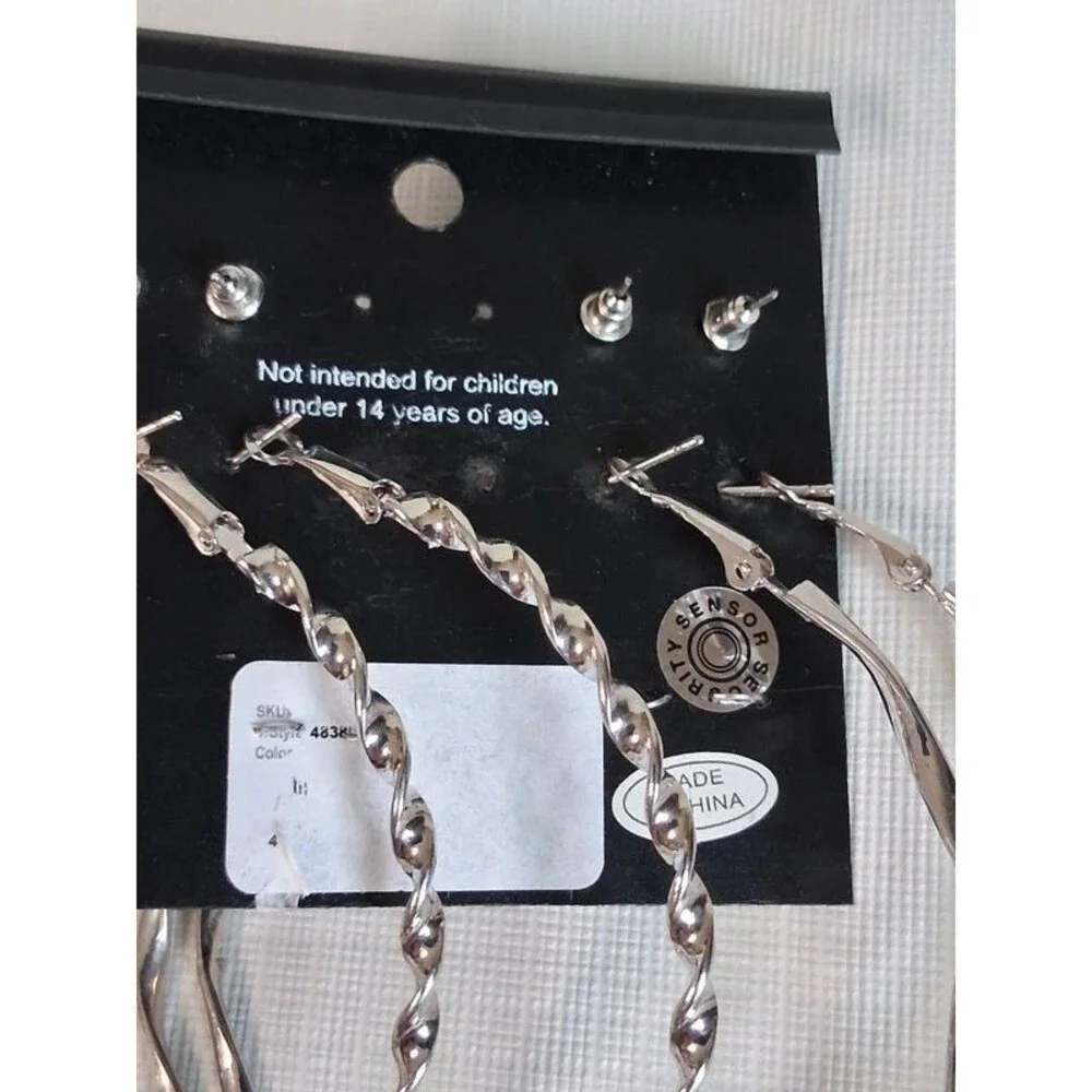 Ashley Stewart Silver Toned Twisted Metal Oversized Hoops Stud Earrings Set of 4